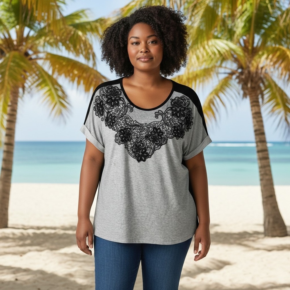 Cato Women Gray Black Floral Lace Applique Short Sleeve Knit Top XL